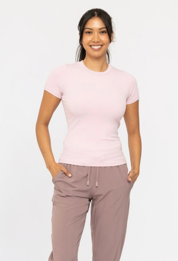 Pink: Ribbed Short Sleeve