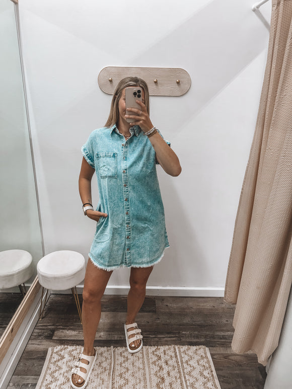 frayed denim shirt dress MARY Denim Shirt Dress in Distressed Vintage Wash