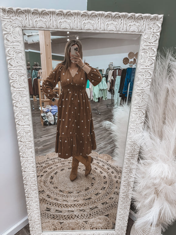 Floral Embroidered Corduroy Midi Dress