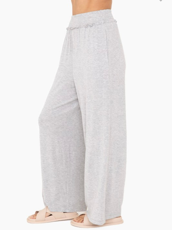 Grey: Smocked Waist Wide Leg Pants