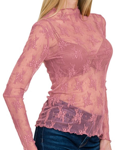 Pink: Long Sleeve Lace Top