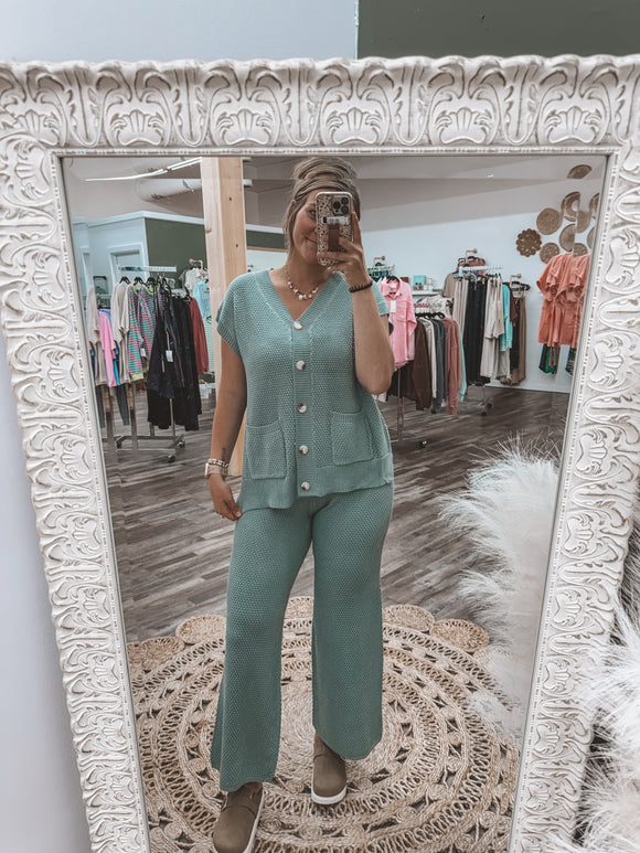 Teal Grey Waffle Sweater Top