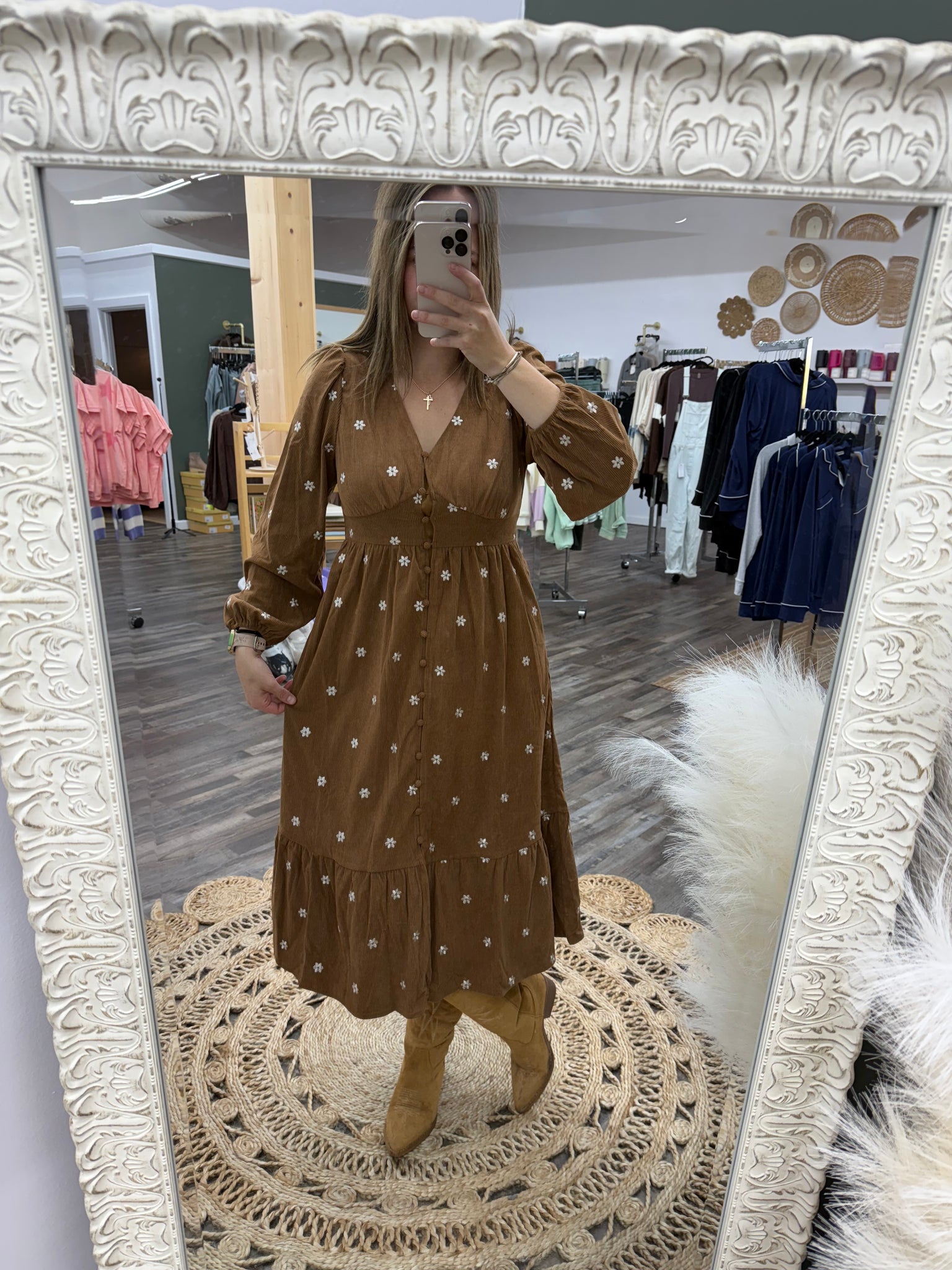 Floral Embroidered Corduroy Midi Dress Small Floral Embroidered Corduroy Midi Dress Small