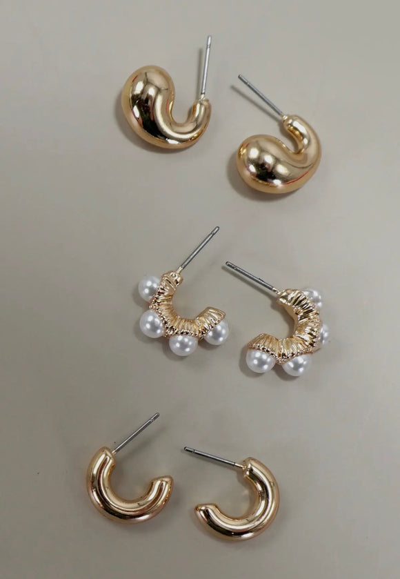 Trio Huggie Pearl Gold Hoop Earrings