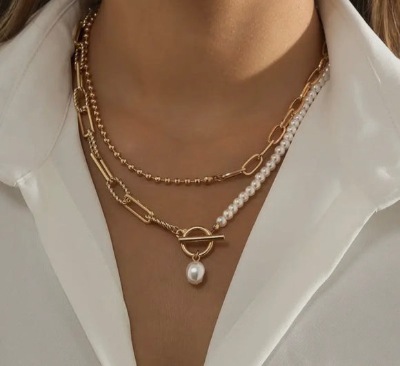 Pearl Mix Double Layer Toggle Necklace