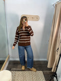 Split Neck Striped Sweater - Chocolate